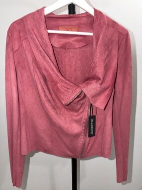 Blank NYC, Faux Suede Moto Cowl Neck Drape Jacket with Asymmetrical Zip, Pink